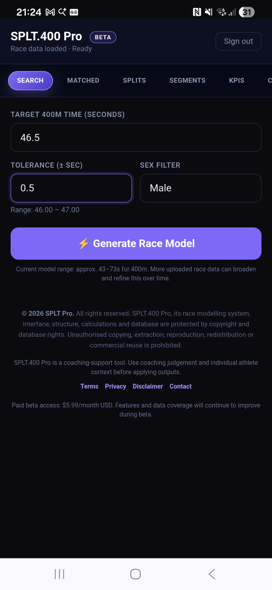 SPLT.400 Pro internal app screen